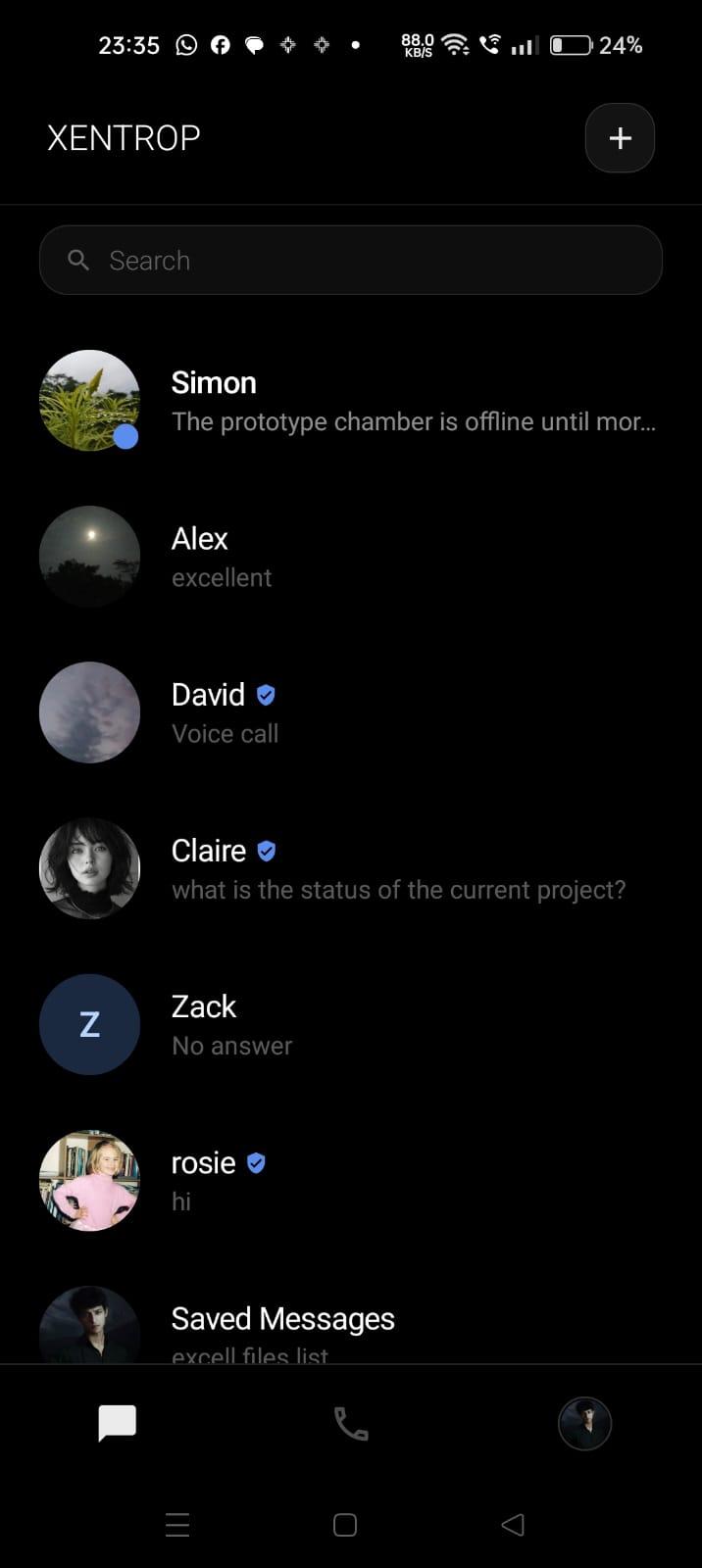 Xentrop Android contact list with private conversation previews
