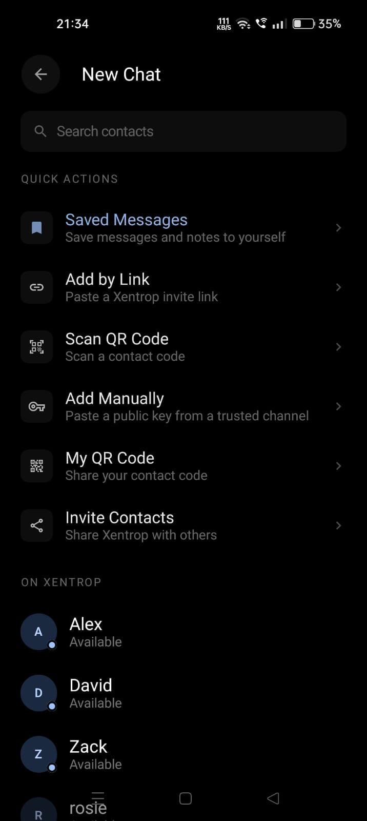 Intentional contact establishment options in Xentrop Android